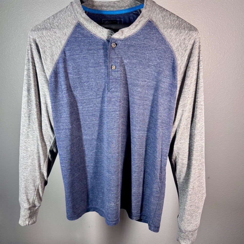 Eddie Bauer Mens Blue Grey Heathered Raglan Henley Long Sleeve Shirt Large